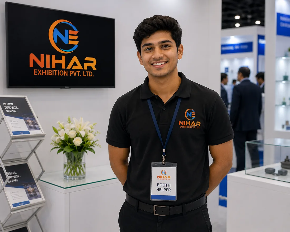 Nihar Exhibition booth helper supporting stand operations on the show floor