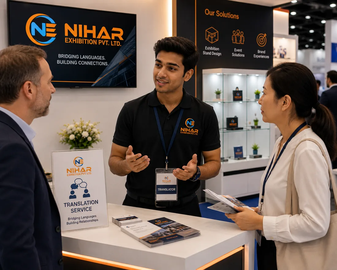 Nihar Exhibition translator assisting international delegates at a stand